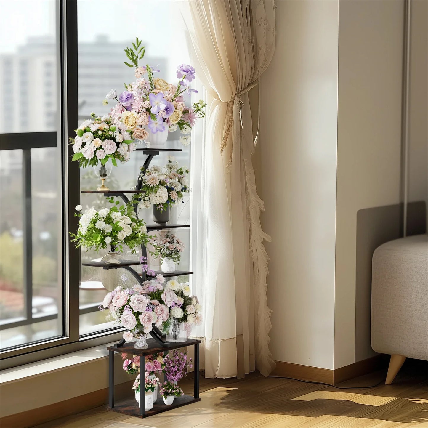 7 Tier Tree Shaped Plant Stand for Patio Living Room Metal Plant Flower Pot Display Holder Multiple Shelves