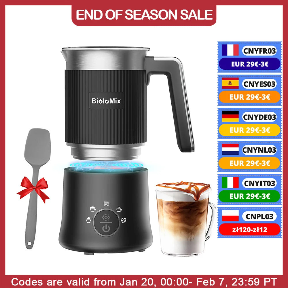 BioloMix Detachable Milk Frother and Steamer,5-in-1 Automatic Hot/Cold Foam and Hot Chocolate Maker,Dishwasher Safe