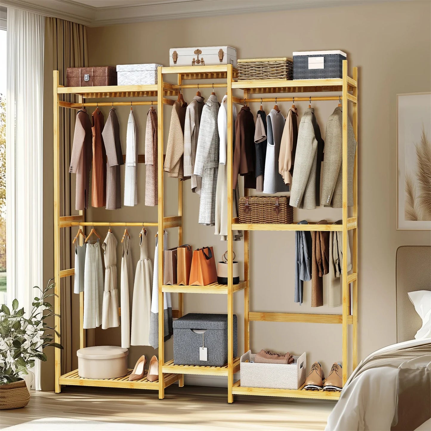 Extra Large Bamboo Clothes Stand Multytier Storage Shelves Clothes Hanging Rack with Hanging Rails for Cloakroom, Bedroom