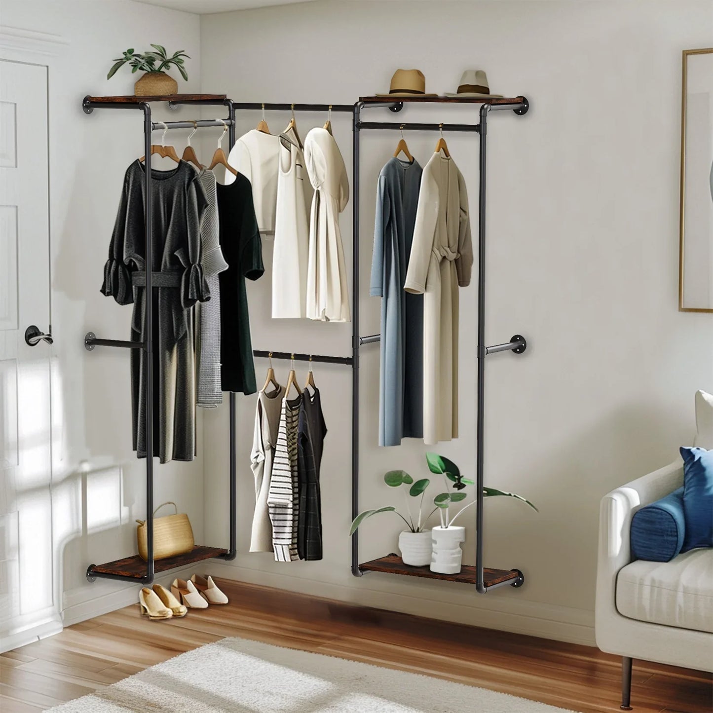 Industrial Pipe Clothes Rack, Wall-Mounted Metal Clothes Stand, Walk-in Wardrobe, with Shelves