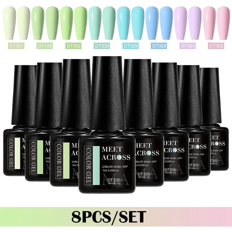 MEET ACROSS 8Pcs/Set Gel Nail Polish Set for All Season Neon Marcaron Green Red Series UV Gel Varnish Manicure Kit Nail Supplies