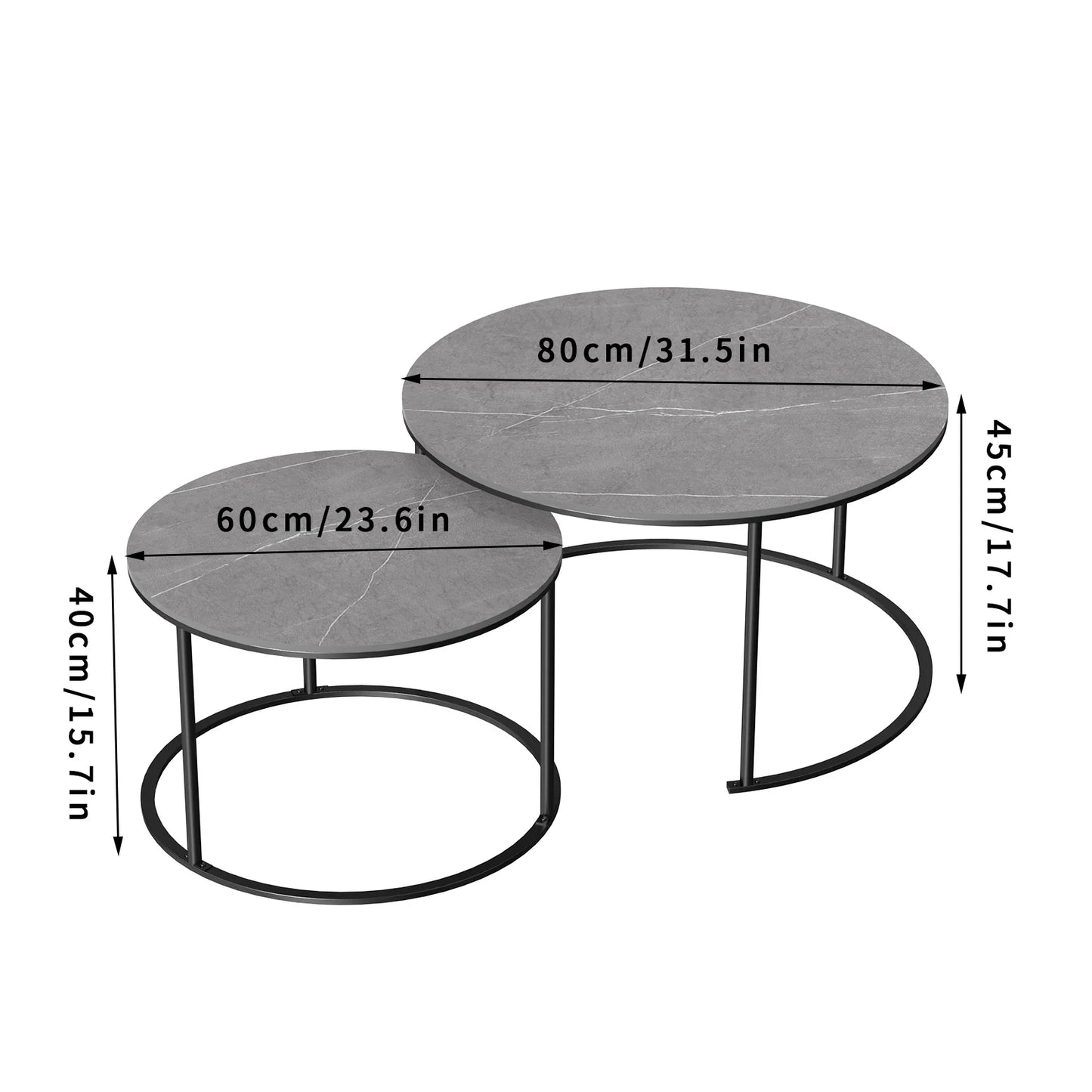 Marble Round Nesting Coffee Table, Side End Table, Accent Table, Metal Legs, Waterproof, Set of 2