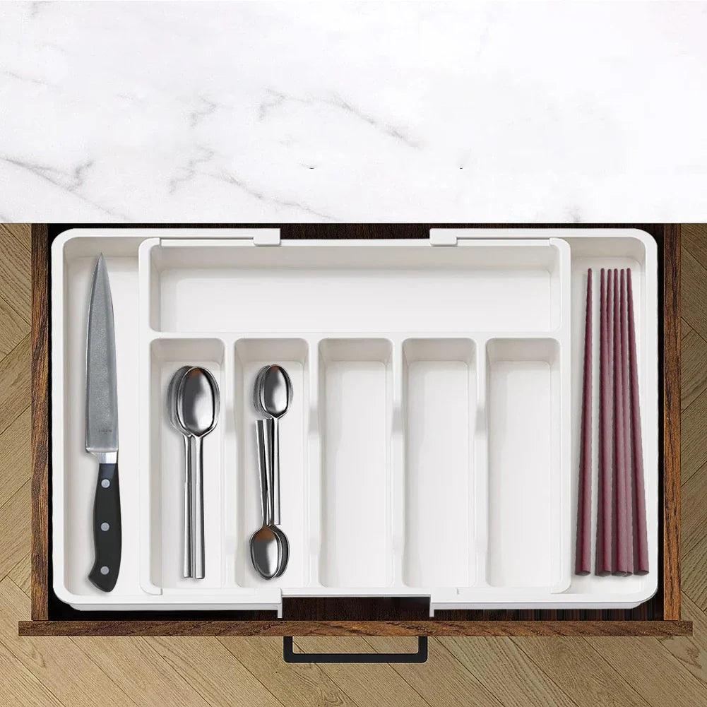 Adjustable Flatware Tableware Organizer Expandable Utensil Tray with Dividers Utensil Holder Storage Tray for Spoons Fork Knives
