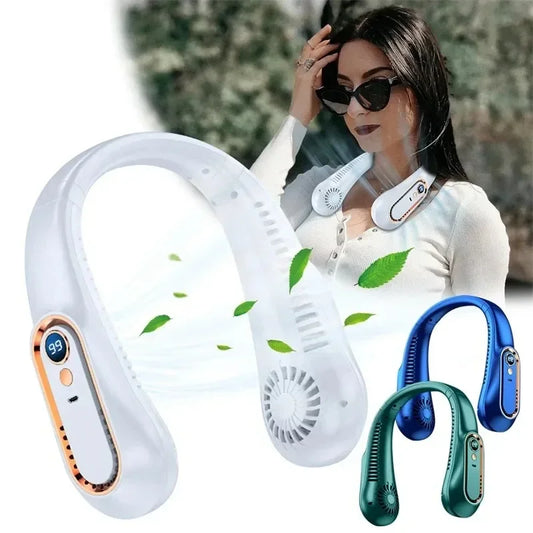 3000mAh Hanging Neck Fan Portable Bladeless Mini USB Rechargeable Mute LED Digital Display Electric Fan Summer Air Cooler ﻿