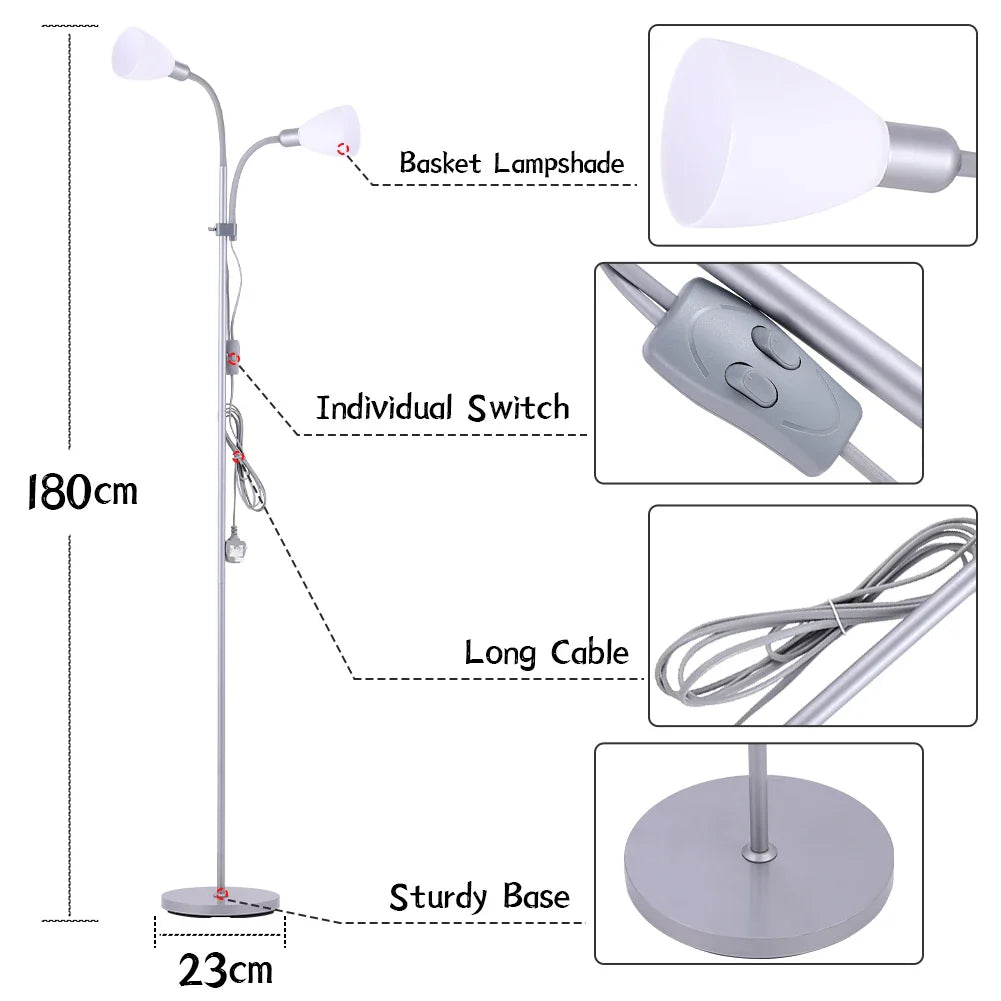 KOMORE Modern 2 Head Standing Floor Lamp Adjustable Lamp Heads 180cm Bronze&Grey  for Living Room, Office, Bedroom, Hallway