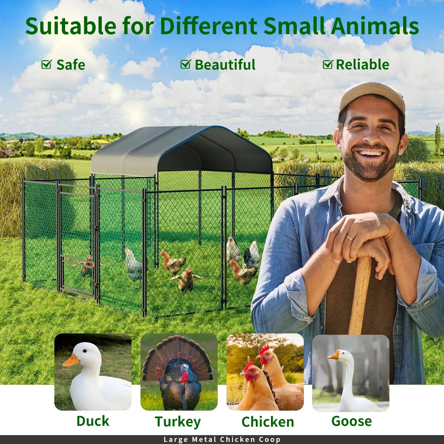 Extra Large Chicken Coop for Outdoor, Farm Metal Poultry Run, Walk-in Cage, House Kennels with Waterproof Cover