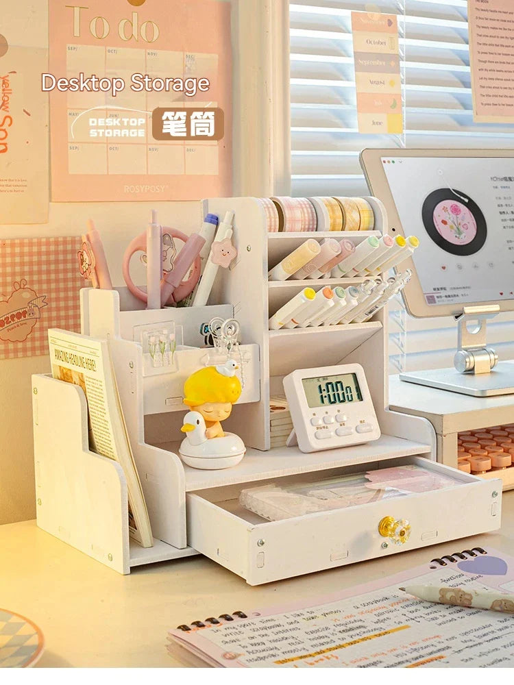 Mark Pen Pencil Holder Wooden Desk Organizers Shelves Accessories Desktop Stationery Organizer Bookshelf Home Office Storage Box