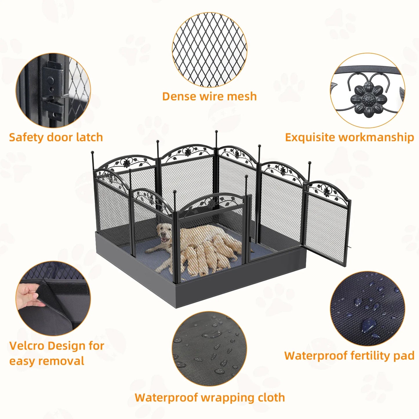 Foldable Metal Dog Playpen with Fertility Mat and Gate, Heavy Duty Pet Whelping Box, Exercise Fence Cage, Kennnels, 8 Panels