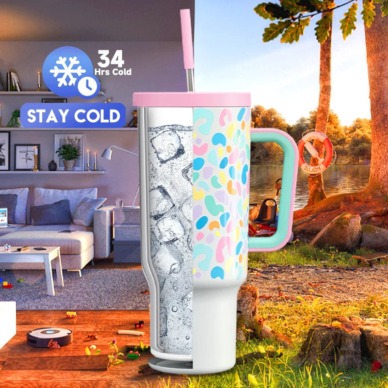 Meoky 40oz Cup Tumbler with Handle Straw Stainless Steel Multi-Prints Coffee Cup Travel Water Bottle Leak-Proof Car Mug Gifts
