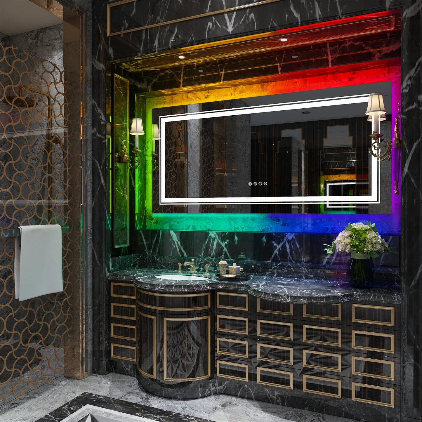 Large Full Size RGB LED Bathroom Mirror with Lights, Dimmable Wall Mirrors, Smart Anti-Fog, Vertical and Horizontal
