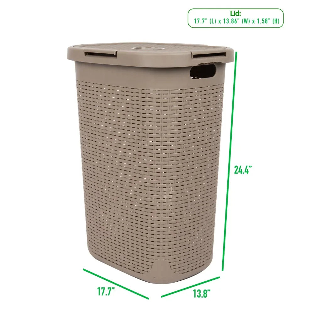60 Liter Laundry Basket with Cutout Handles & Lid, Brown Metallic,10.10 X 14.25 X 24.00 Inches