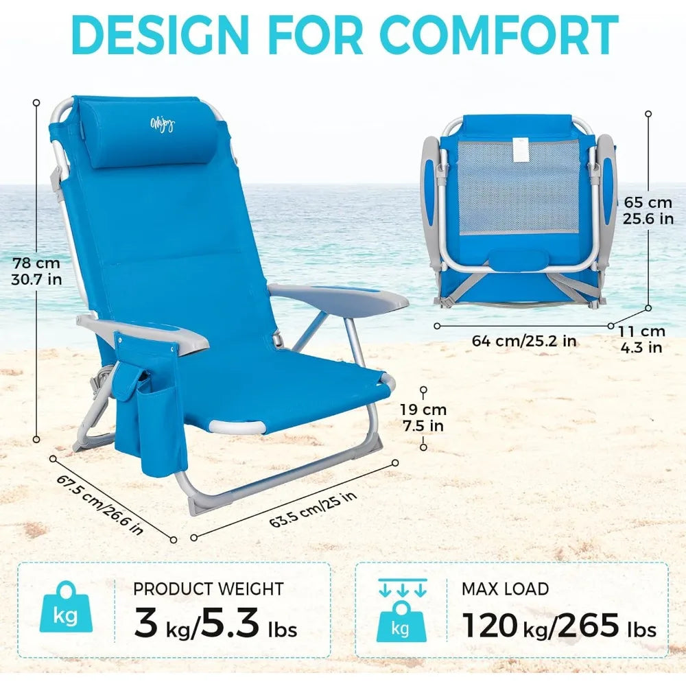 4-Position Adjustable Beach Chair Set of 1/2, Folding Low Reclining Camping Chair with High Back Pillow Pocket