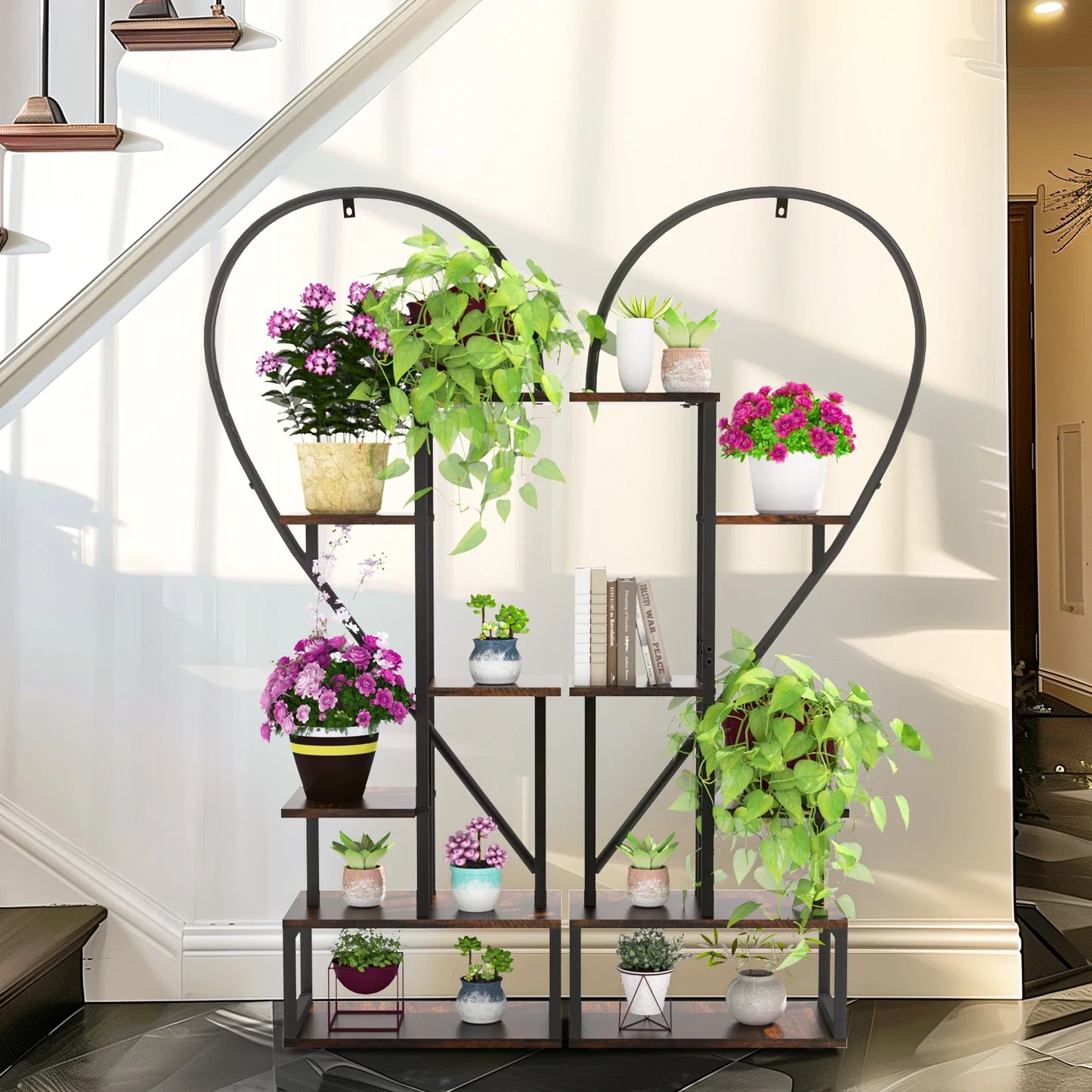 Half Heart Shaped Metal Plant Stand, Garden Display Shelf with Hooks, Home Patio, Lawn Flowers, 2 Pack