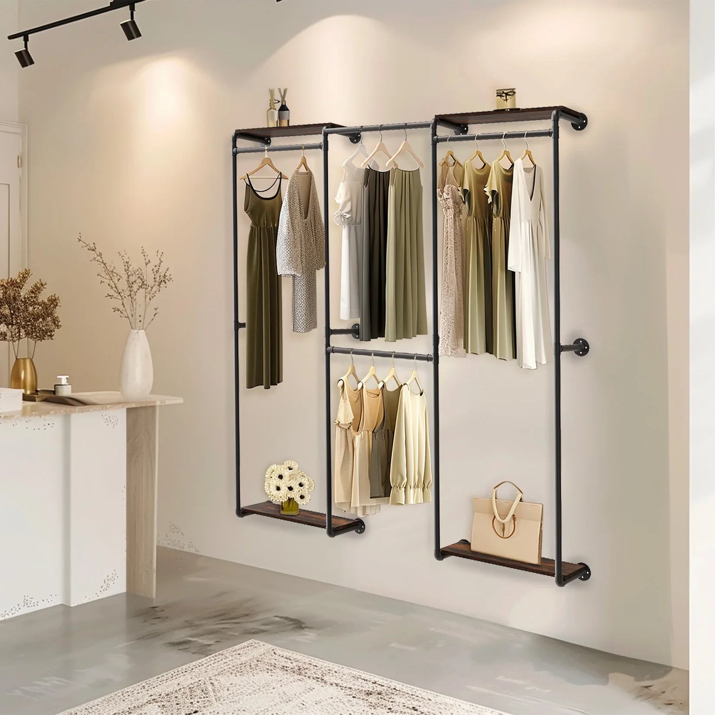 Industrial Pipe Clothes Rack, Wall-Mounted Metal Clothes Stand, Walk-in Wardrobe, with Shelves