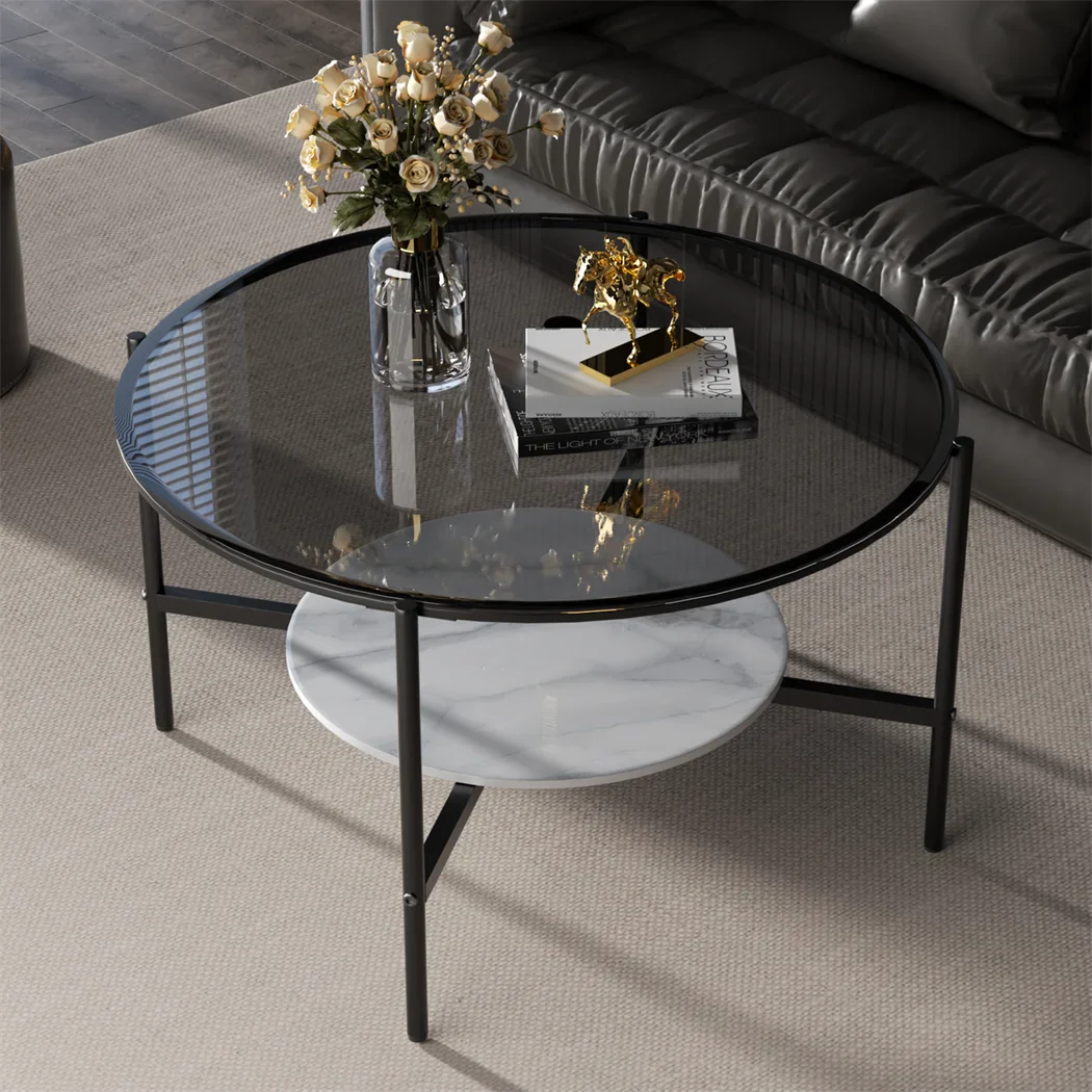 Glossy Glass Coffee Table, Centre Table with Slate Shelf, Minimalist Furniture, Living Room Tea Table, 2 Tier