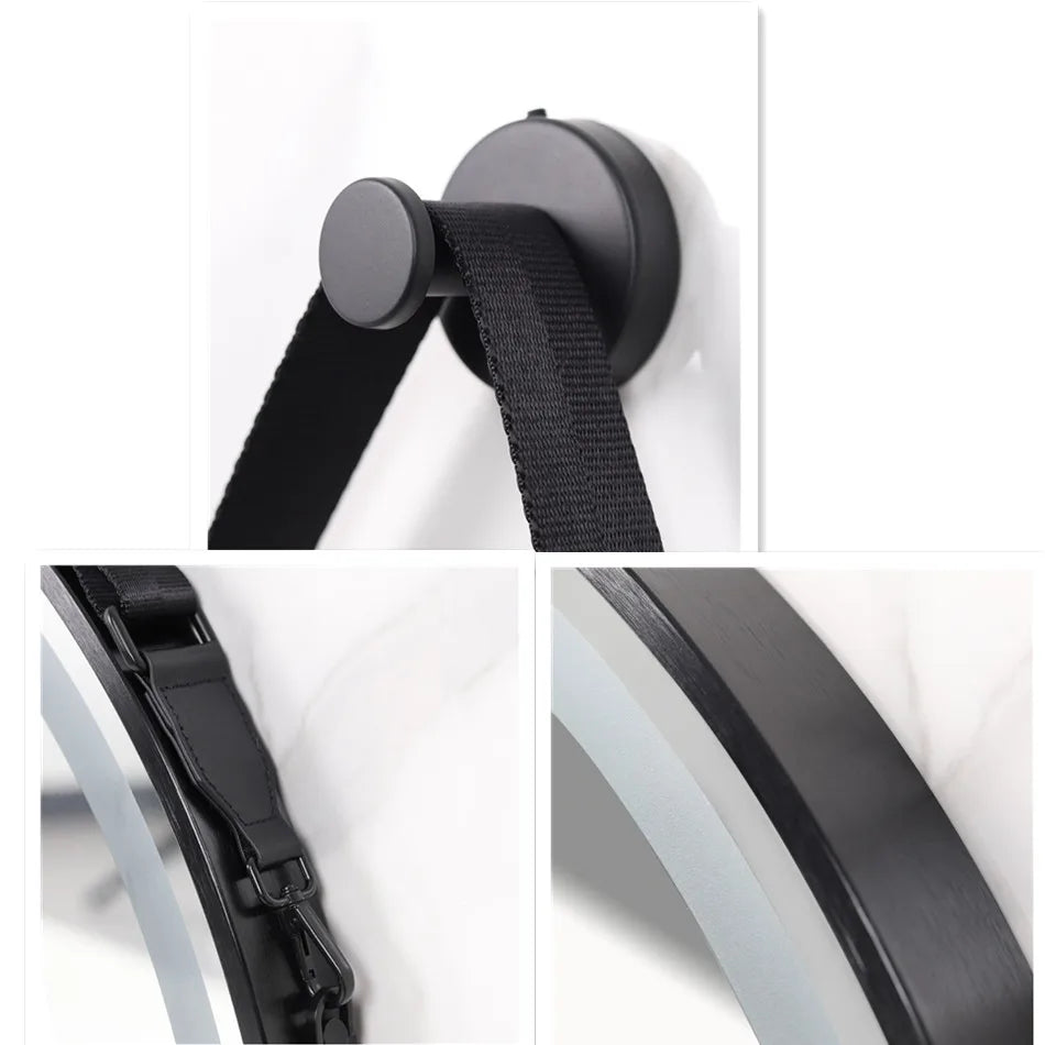 LUVODI Bathroom Light Mirror Round Black Gold Frame Bathroom Dimmable Fogless Mirror with Detachable Rope