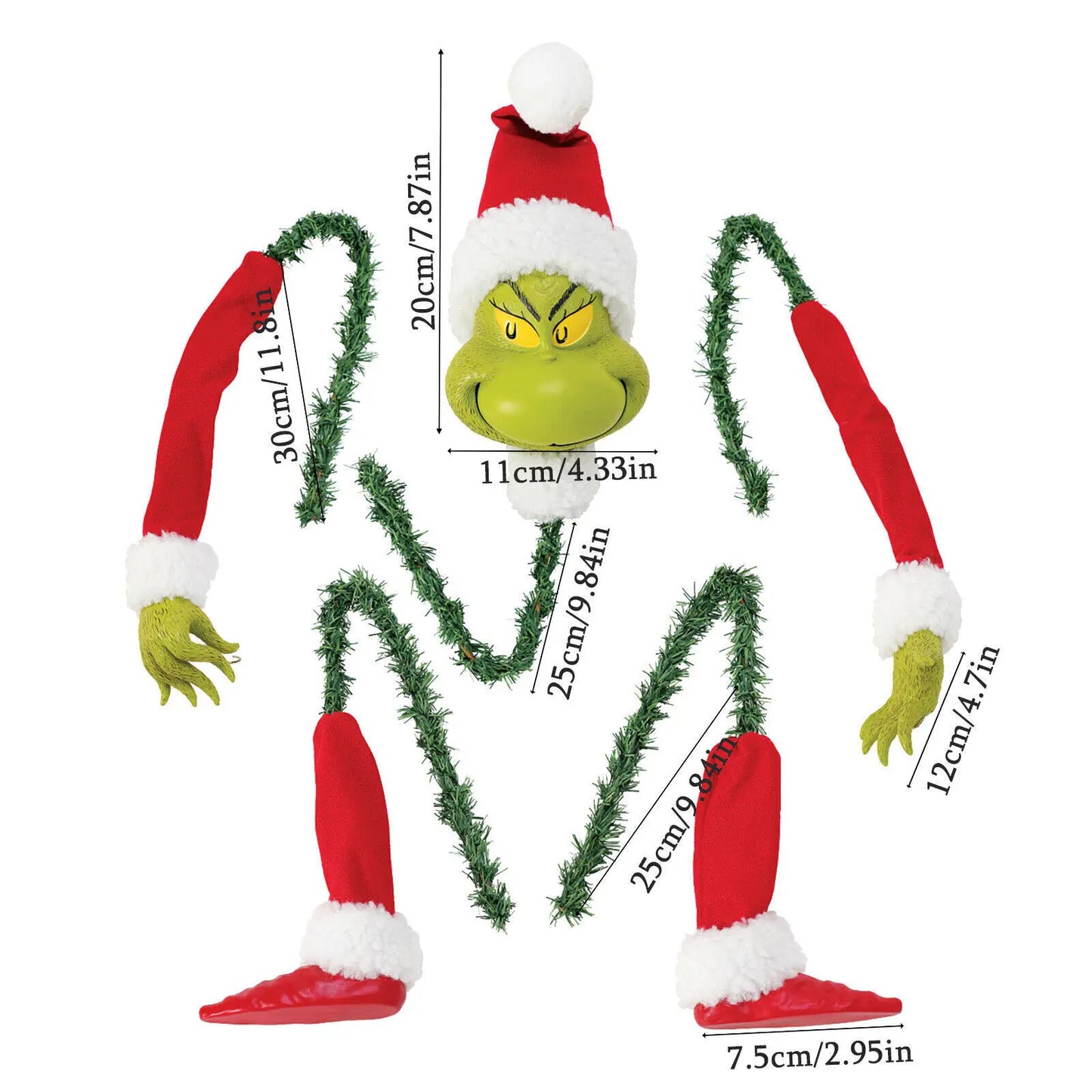 5PCS Stole Stuffed Stuck Topper Garland Ornament Head/Arms and Legs Grinch Elf Body Tree Decoration Xmas for Christmas Tree