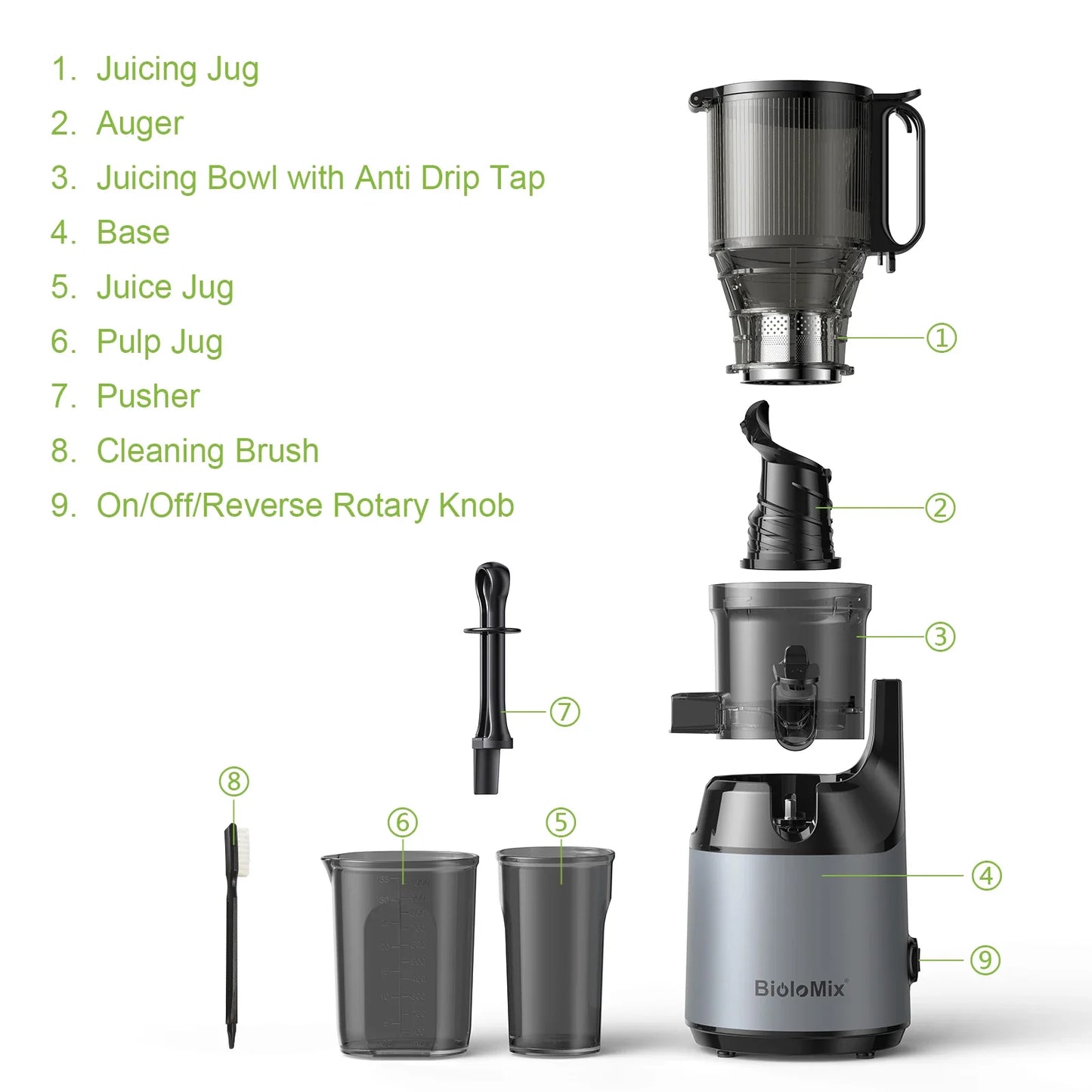 BioloMix Cold Press Juicer,with 130mm Feed Chute,Fit Whole Fruits & Vegetables,High Juice Yield,BPA FREE Slow Masticating Juicer