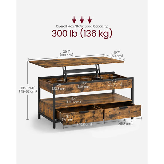 VASAGLE Lift Top Coffee Table, Living Room Table, with Storage Drawers, Hidden Compartments, and Open Shelf
