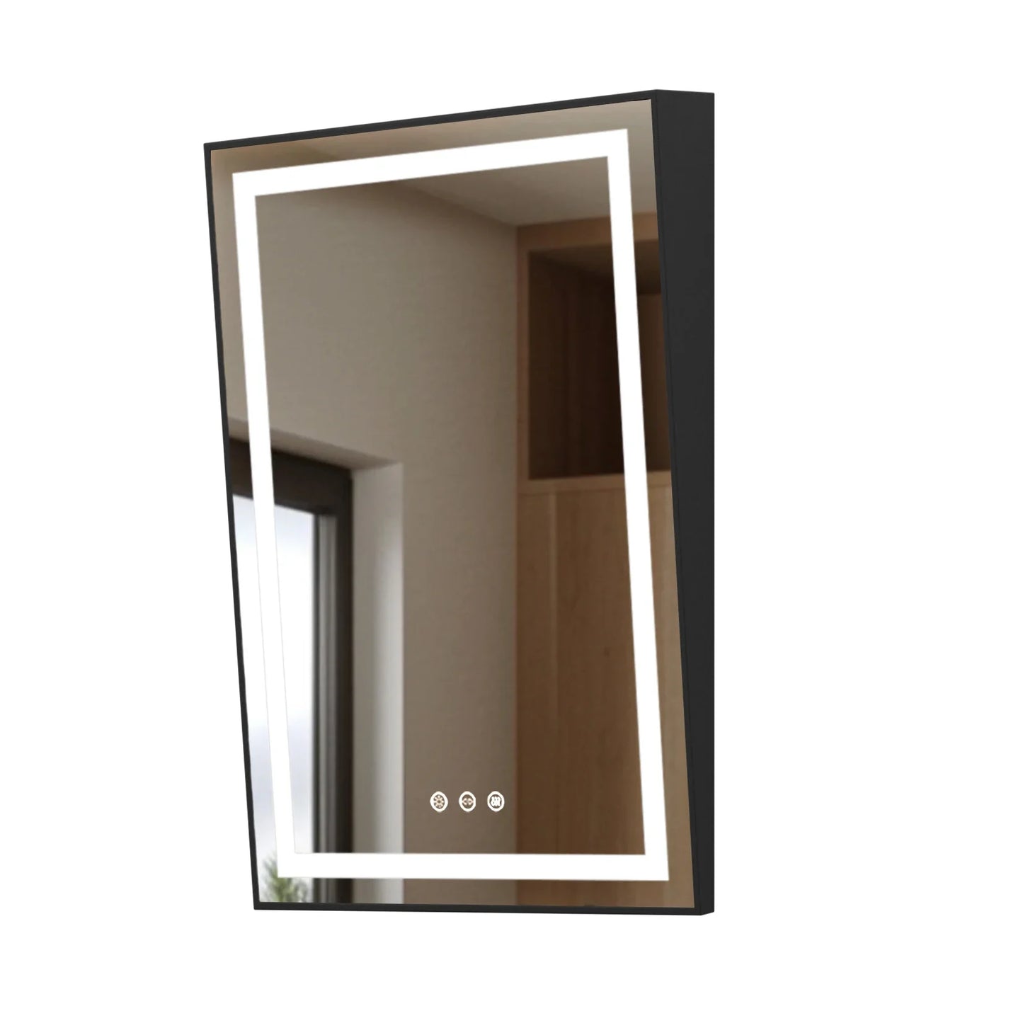 LED Illuminated Bathroom Wall Mirror with Fixed Tilt Design, Smart Touch, Front-lit, Black Framed, 24x36 Inch