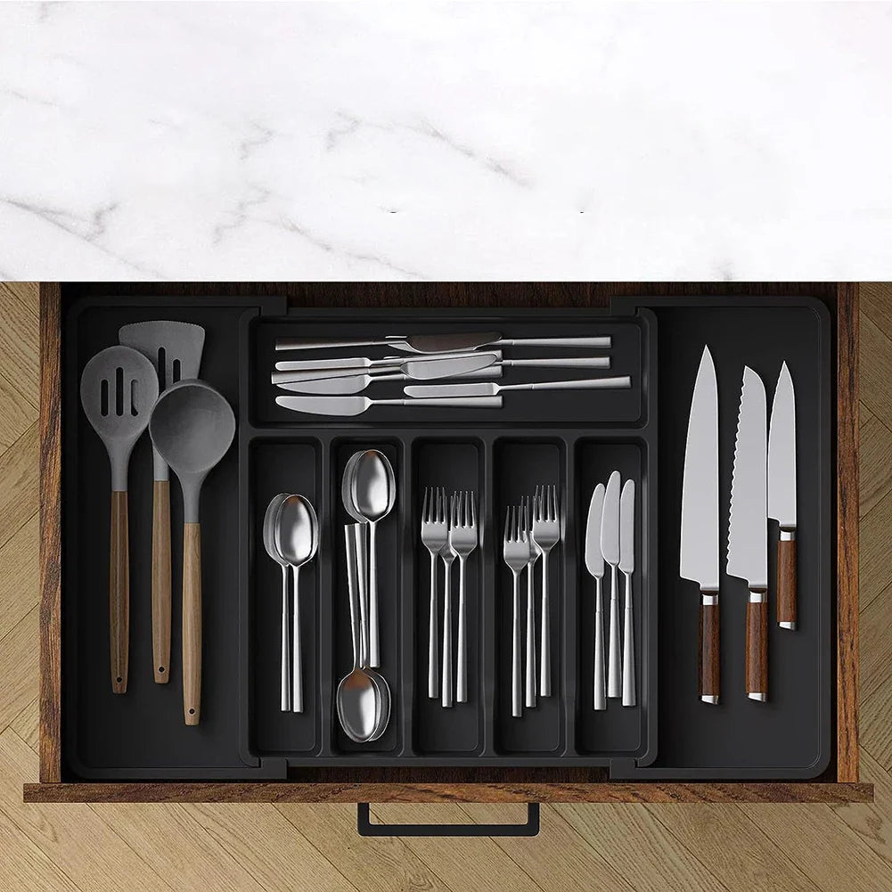 Adjustable Flatware Tableware Organizer Expandable Utensil Tray with Dividers Utensil Holder Storage Tray for Spoons Fork Knives