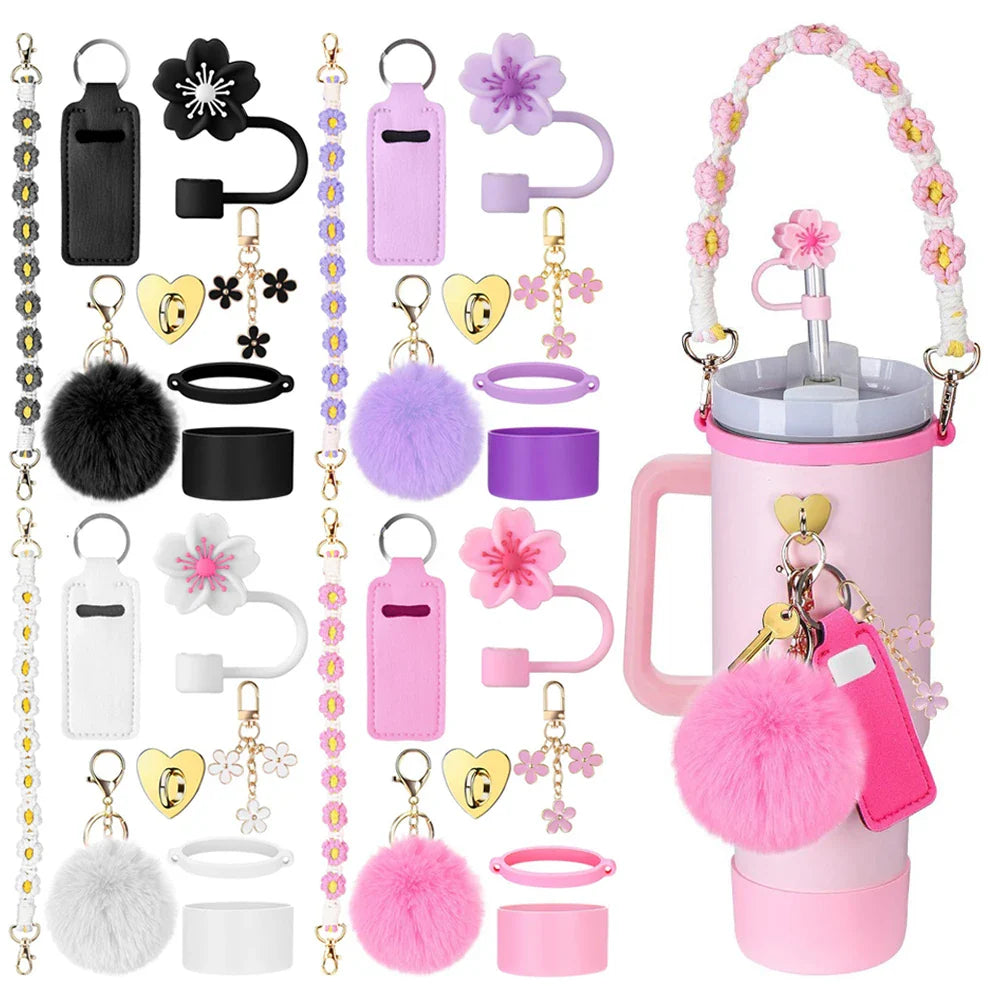8Pcs/Set Siliocne Cup Sleeve Straw Lid Handle Strap Keychain Lipstick Pouch for Stanley 40oz Tumbler Accessories Set