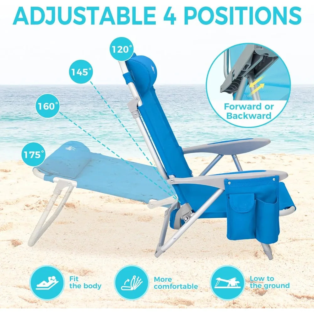 4-Position Adjustable Beach Chair Set of 1/2, Folding Low Reclining Camping Chair with High Back Pillow Pocket