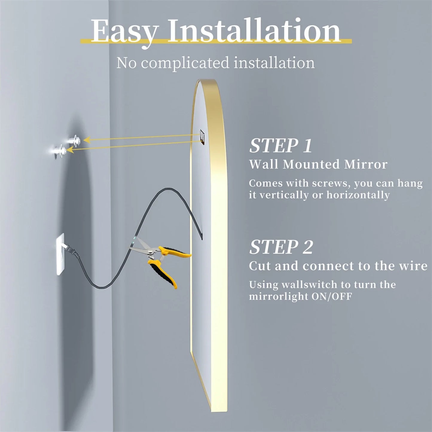 Gold Bathroom Mirror with Lights 36" LED Backlit Arch Wall Mirror Brushed Frame Touch Antifog 3 Colors Lights Adjust