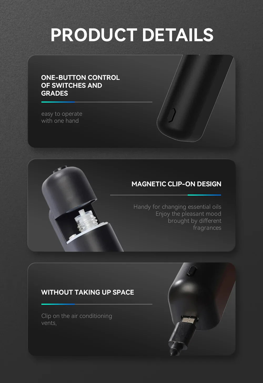 Car Aroma Diffuser Mini USB Rechargeable Scent Machine Fragrance Oil Car Air Freshener Essential Oil Diffuser Vent Clip