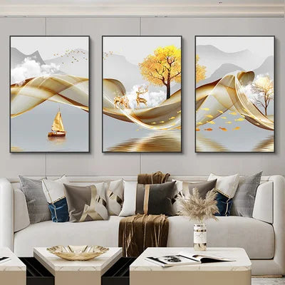 3 Pieces Nordic Luxury Ribbon Abstract Landscape Wall Art