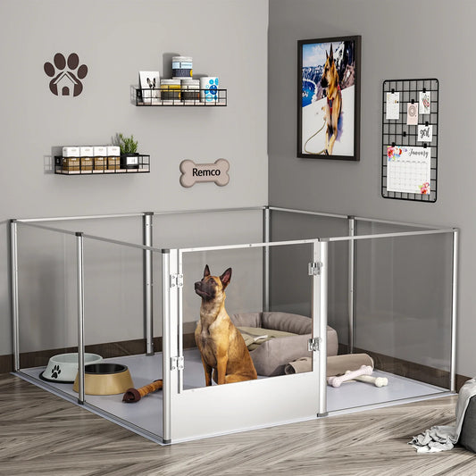 Indoor Dog Playpen Fence, Clear Acrylic Whelping Box, Kennels with Waterproof Pad and Steel Lock, 8 Panels, 52 in