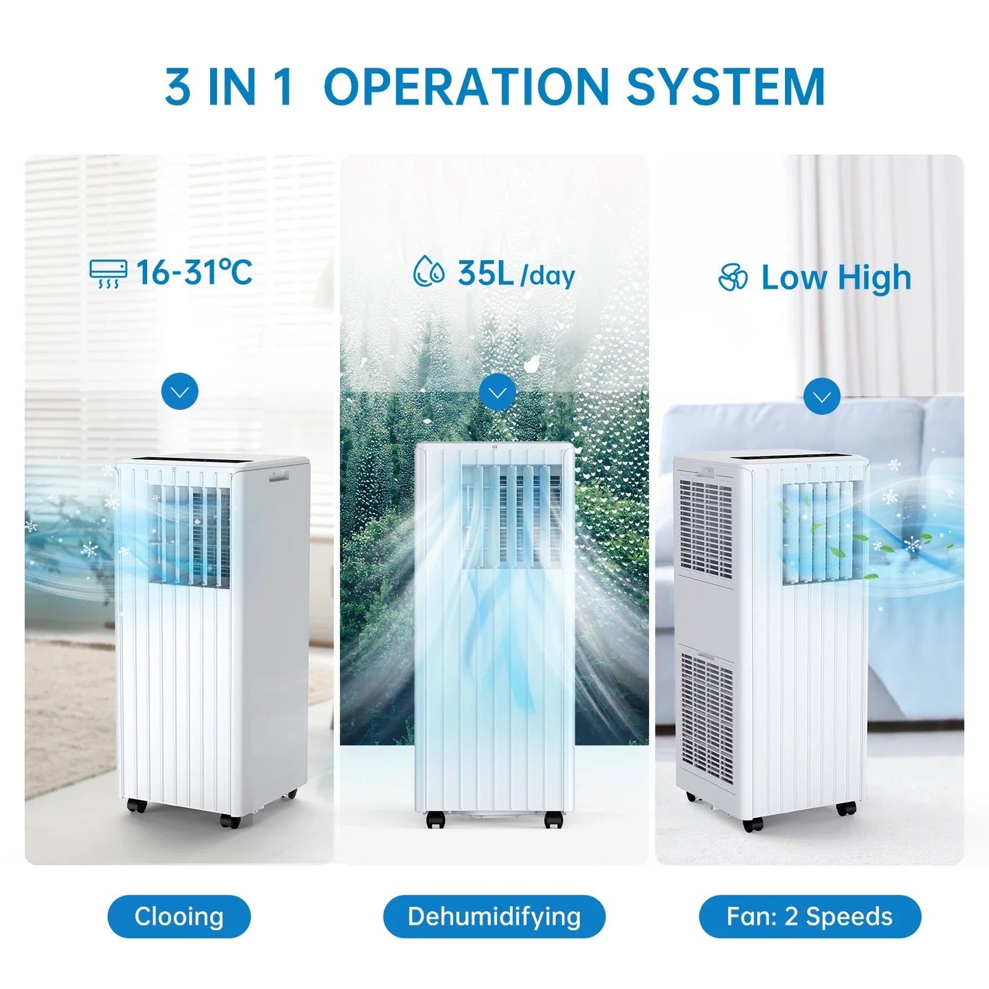 Portable Air Conditioner 9000BTUs 3 In1 Air Conditioner, Dehumidifier 42L/Day, Cooler, Fan with 2 Speeds,Digital Display