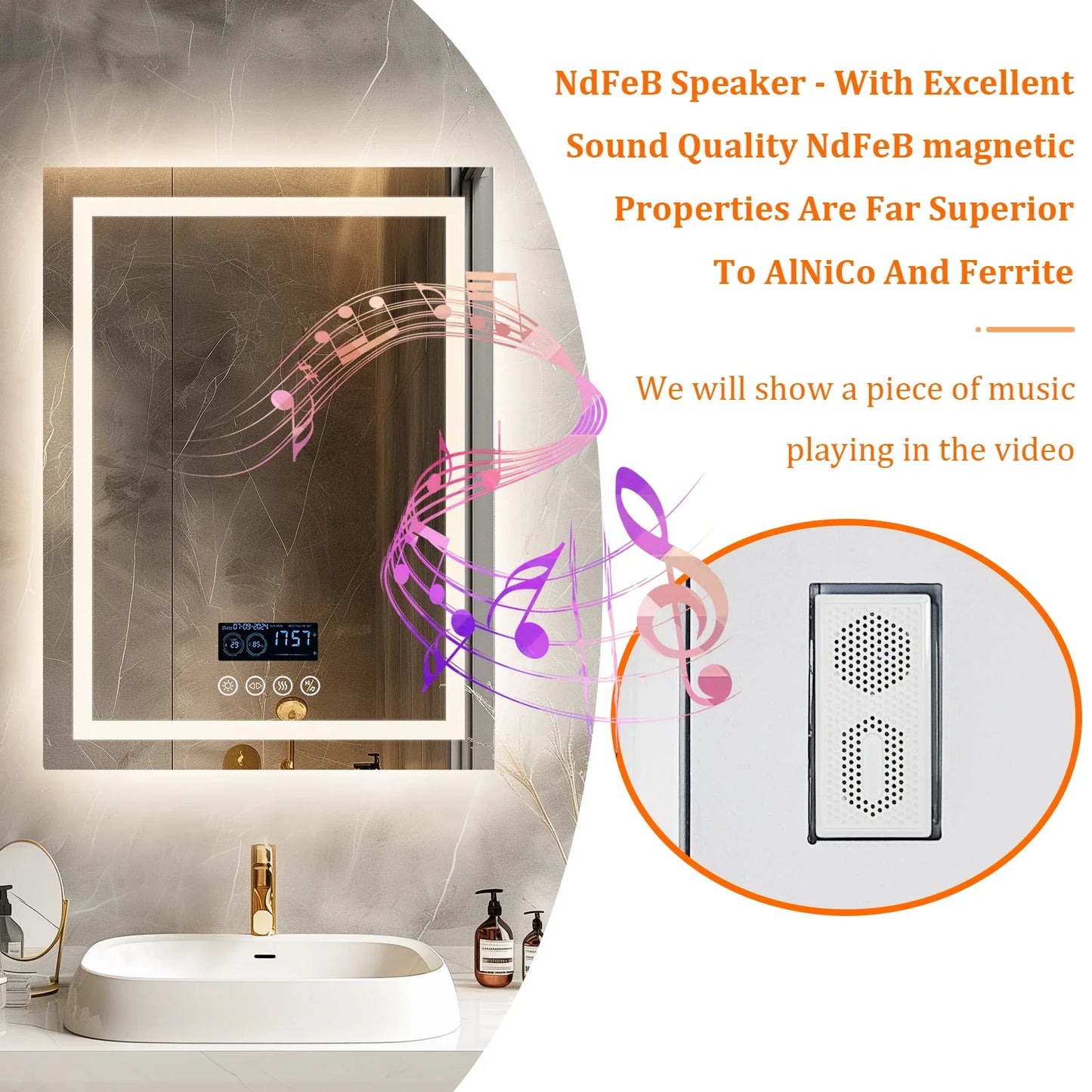 Square LED Bathroom Mirror with Bluetooth Speaker, Smart Wall Vanity Mirror, Front-lit and Backlight, Touch Anti-fog