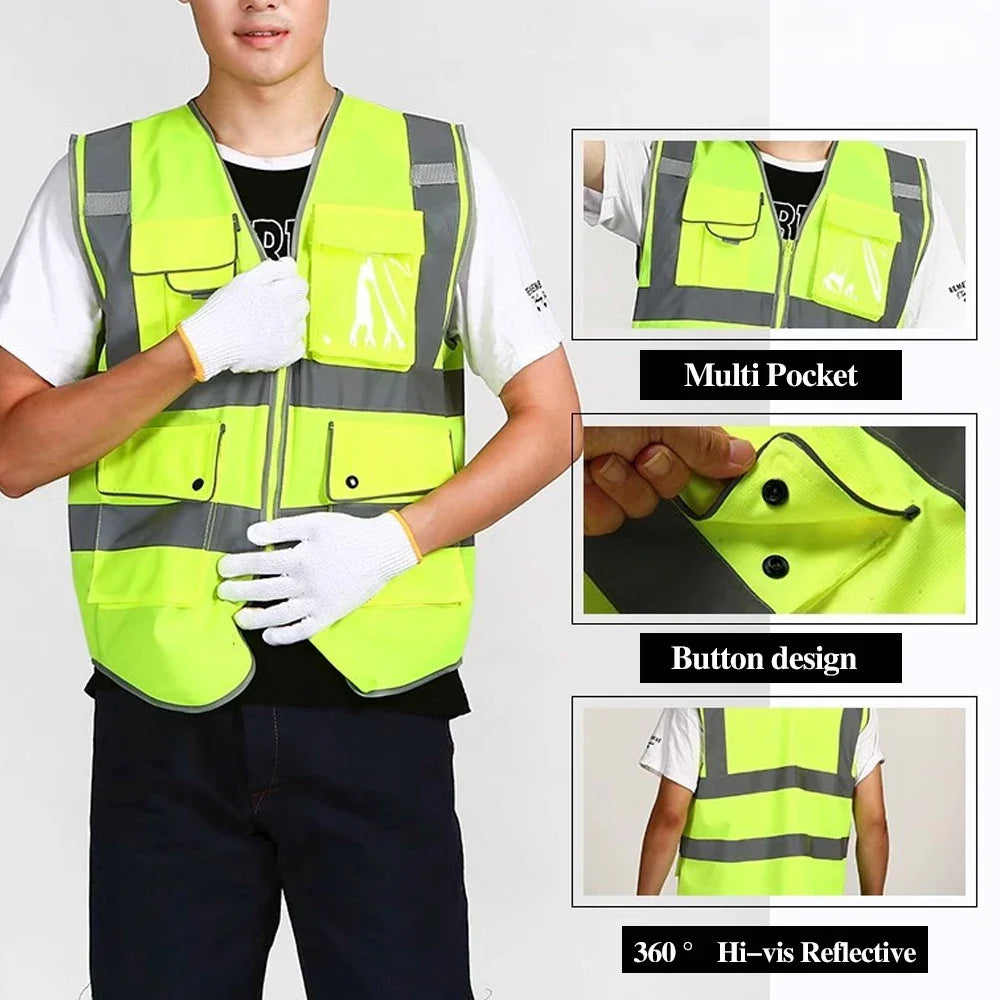 9 Pockets Class 2 High Visibility Reflective Safety Vest for Men Women Work Construction Orange Safety Vests Hi Vis Workwear