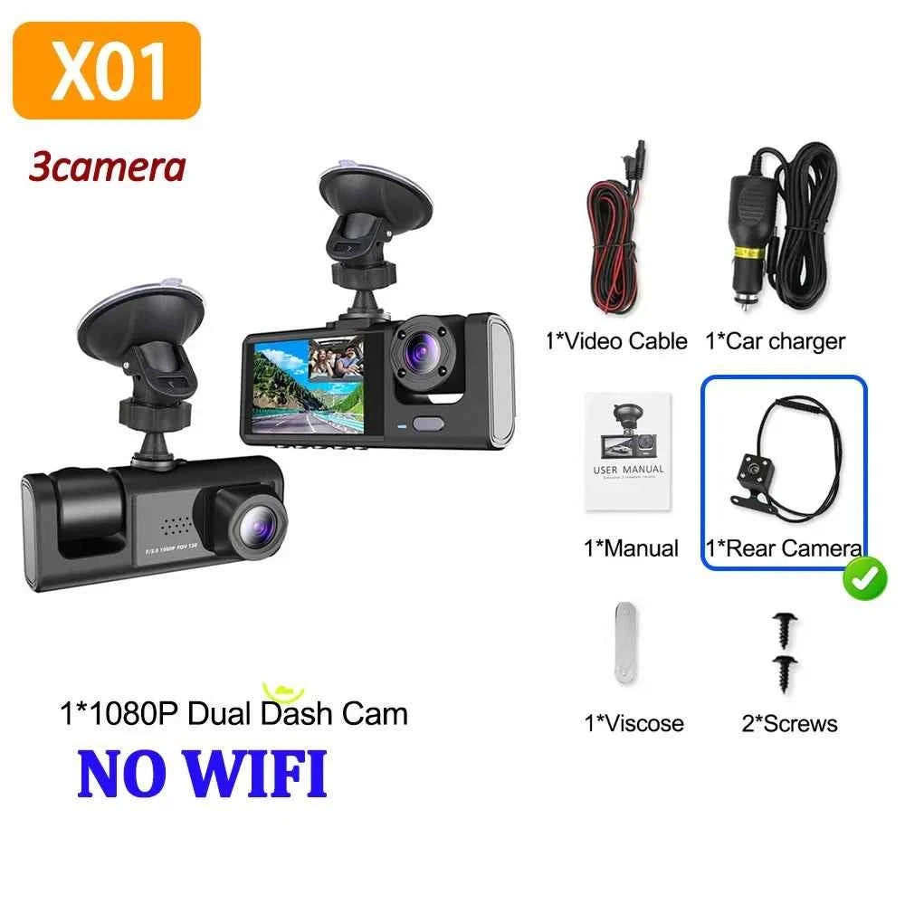 3 Lens Car Recorder with Memory Card Car Camera 1080P VCR WIFI Car DVR 2 Lens Front and Rear View Camera Night Vision Car Access