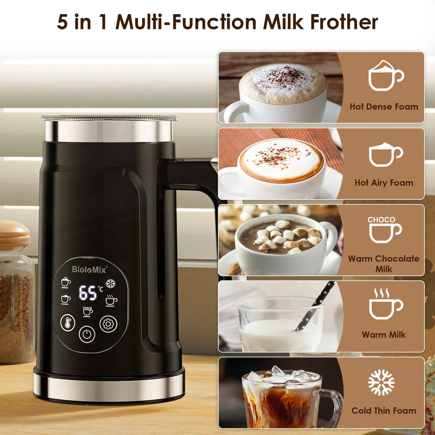BioloMix Upgraded 5-in-1 LED Touch Screen Milk Frother for Lattes & Coffee, Hot And Cold Foam Maker