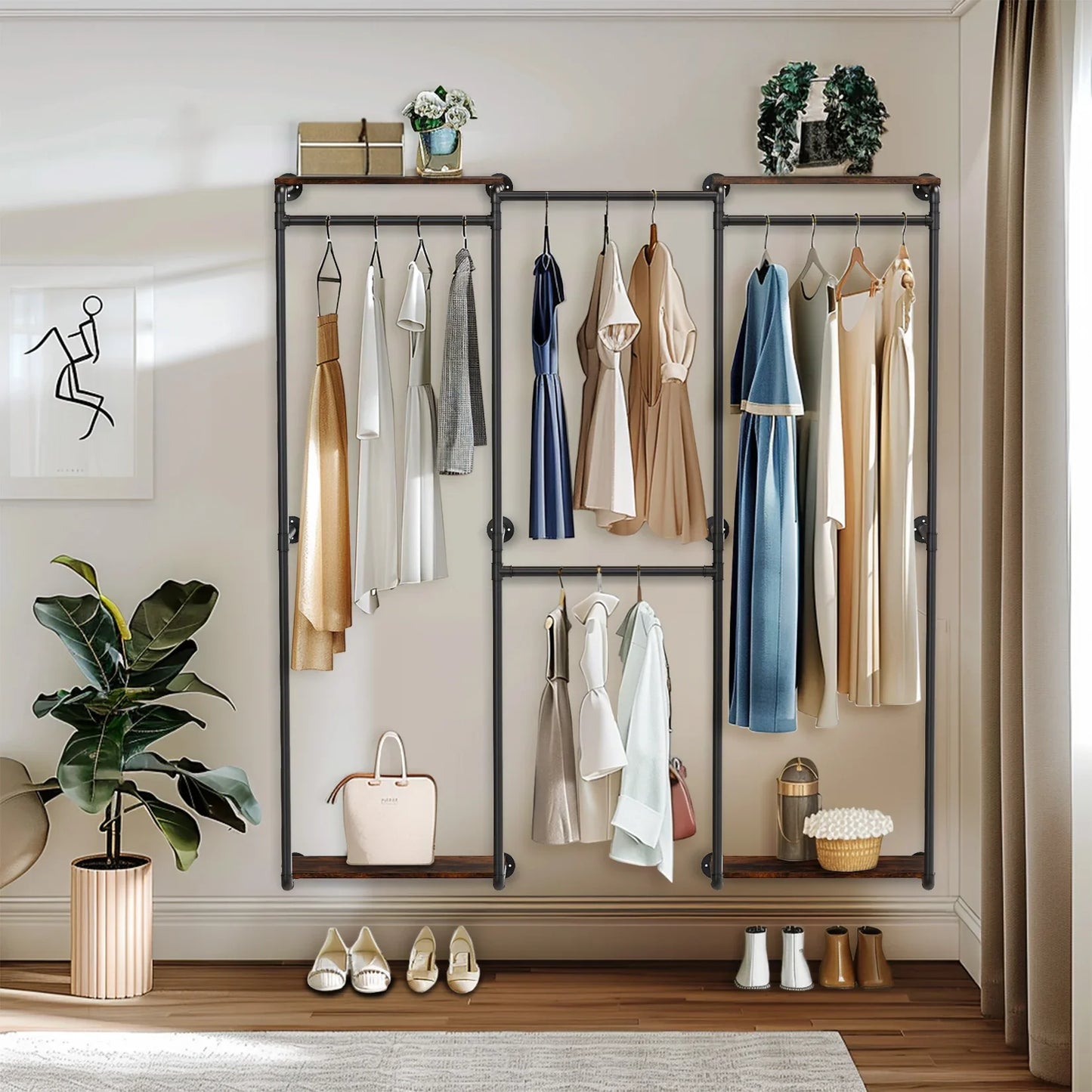 Industrial Pipe Clothes Rack, Wall-Mounted Metal Clothes Stand, Walk-in Wardrobe, with Shelves
