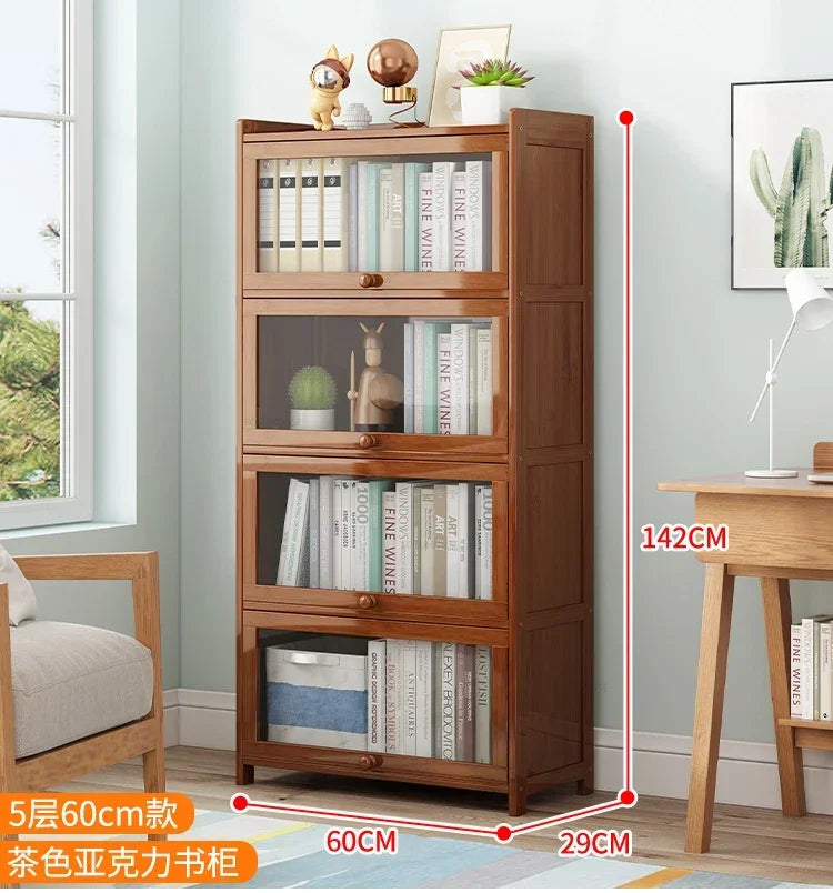 Japanese Home Furniture Bamboo Bookcases Organizer Multi-layer Storage Shelf Simple Retro Bookshelf With Door Modern Office Desk
