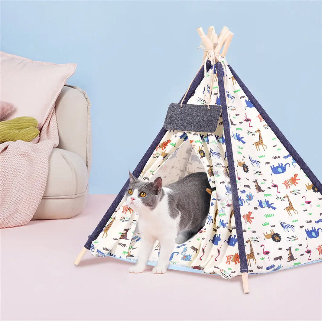 BingoPaw-Foldable Pet Tent with Cushion Pad, Cute Dog Bed House, Washable Cat Teepee, Playhouse Tents