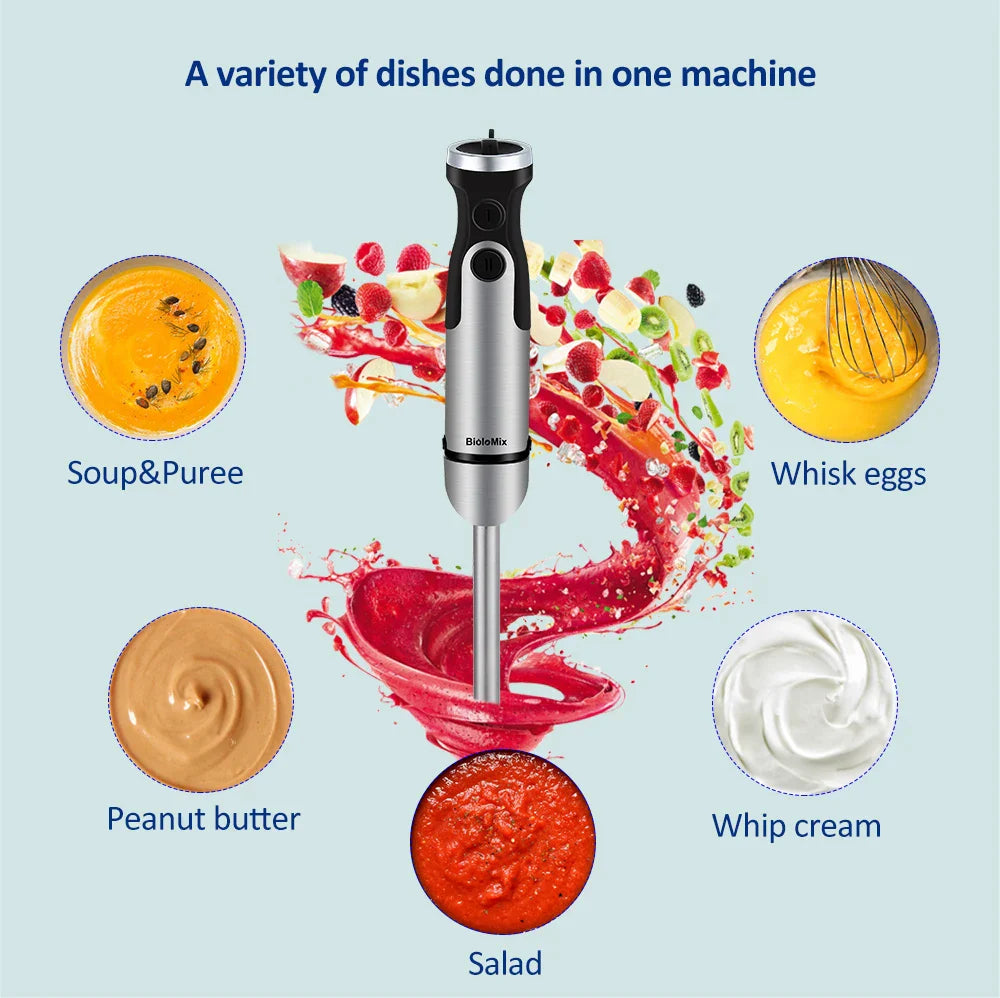 BioloMix 1200W 5-in-1 Immersion Hand Stick Blender Mixer Vegetable Meat Grinder 800ml Chopper Whisk 600ml Smoothie Cup