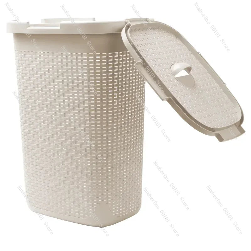60 Liter Plastic Laundry Basket with Cutout Handles & Lid, Ivory