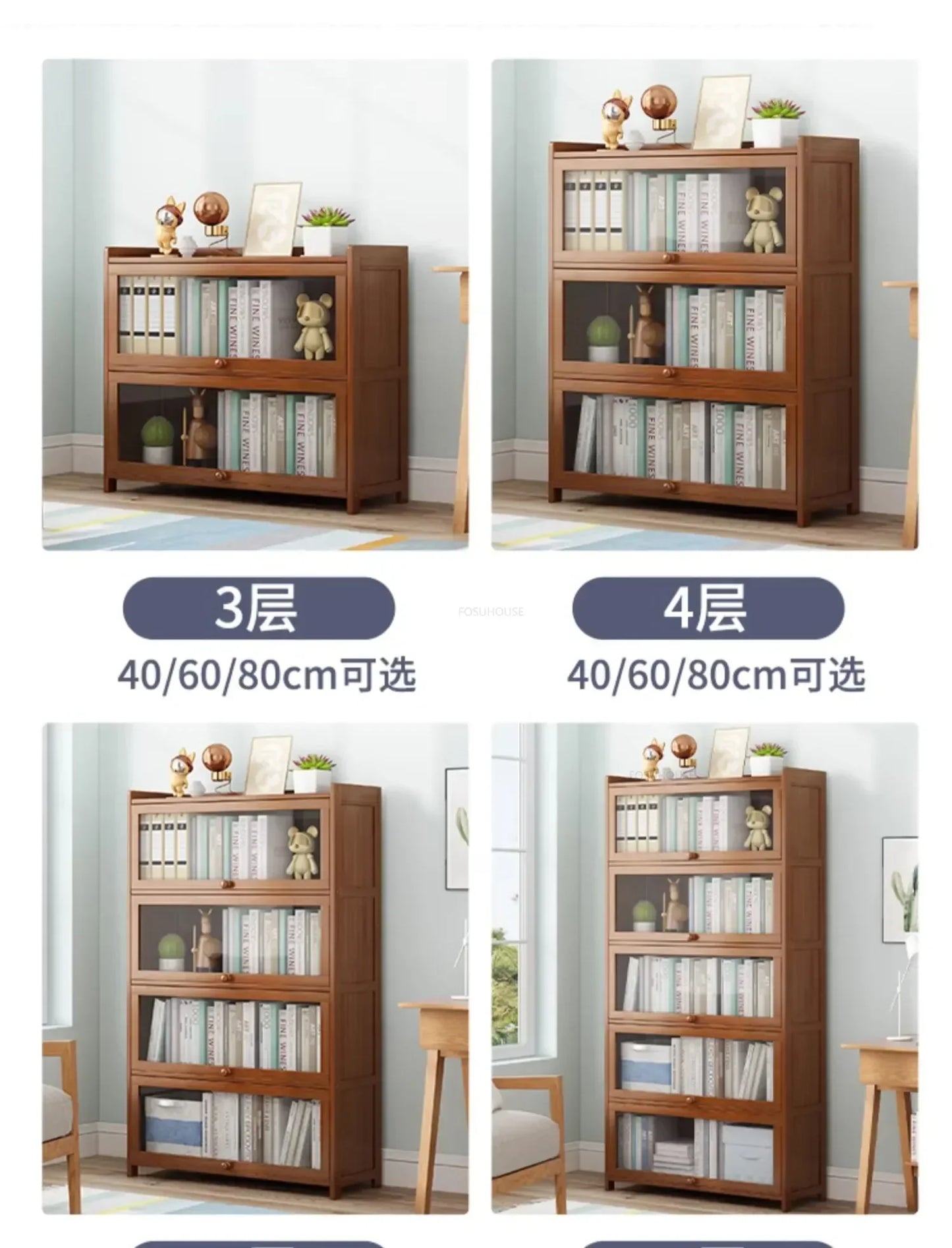 Japanese Home Furniture Bamboo Bookcases Organizer Multi-layer Storage Shelf Simple Retro Bookshelf With Door Modern Office Desk