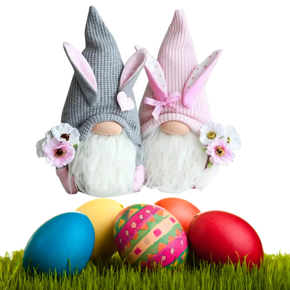 2Pcs Rabbit Ear Faceless Gnome with Knitted Hat Easter Old Man Dwarf Decor Festival Theme for Bedroom Living Room Decor