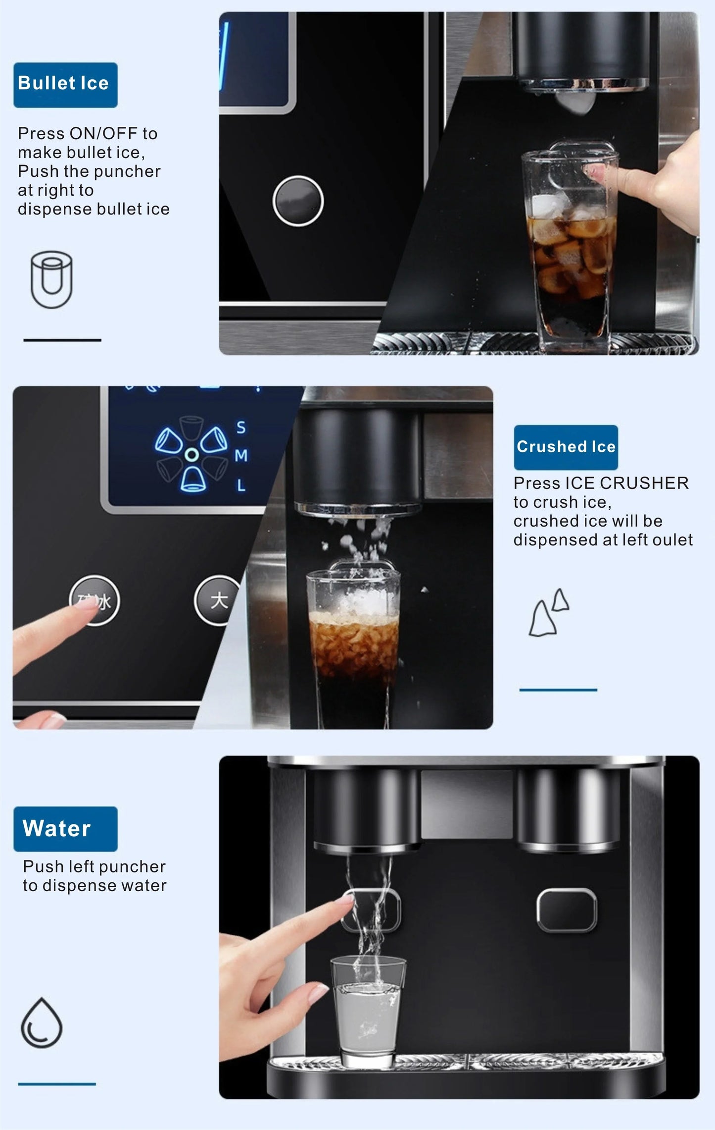 Countertop Ice Maker With Cold Water 2 Size Ice Cube Portable Automatic Ice Cube Making Machine With Crusher Direct Manufacturer