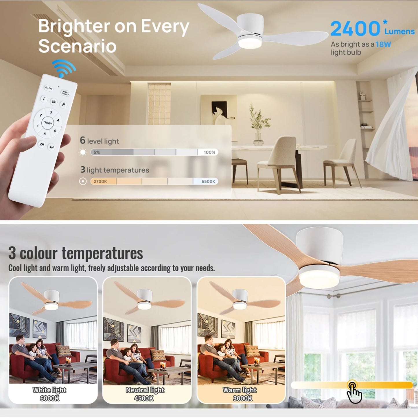 Ceiling Fan With Light, 6-speed choice, Reversible DC motor