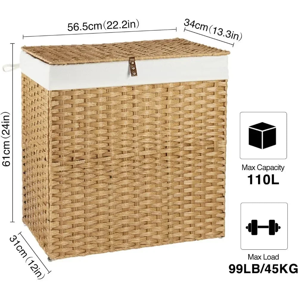 Greenstell Laundry Hamper with lid, No Install Needed, 110L Wicker Laundry Baskets Foldable 2 Removable Liner Bags, 2 Section