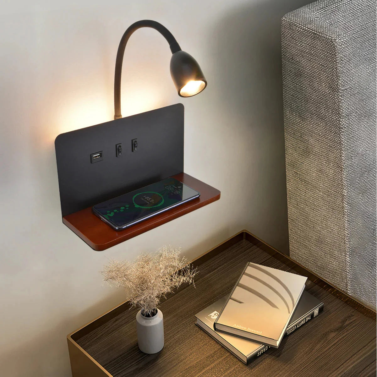 Indoor LED Wall Lamp With USB Interface And Wireless Charging 360° Rotatable