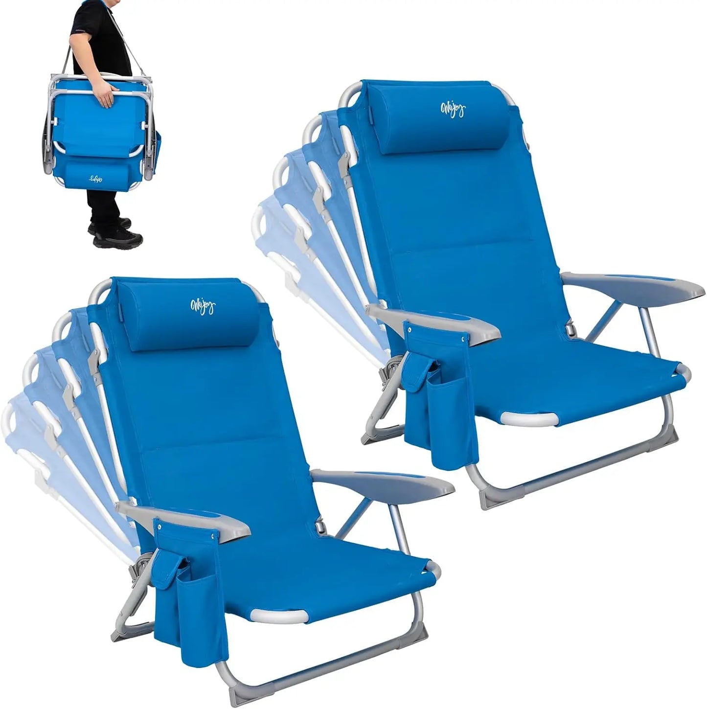 4-Position Adjustable Beach Chair Set of 1/2, Folding Low Reclining Camping Chair with High Back Pillow Pocket