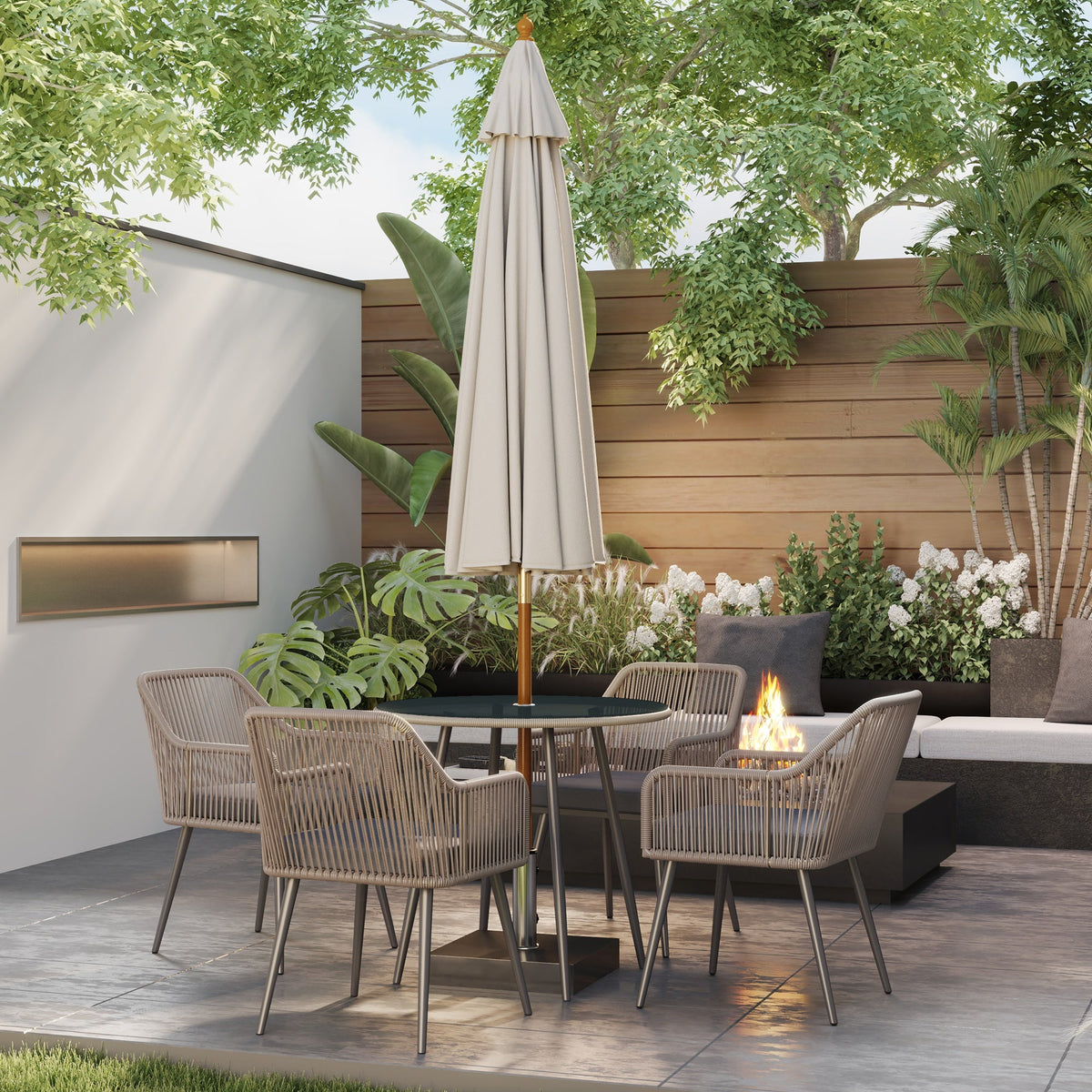 Outsunny Rattan Dining Set, 4 Seater Rattan Garden Furniture, Light Brown