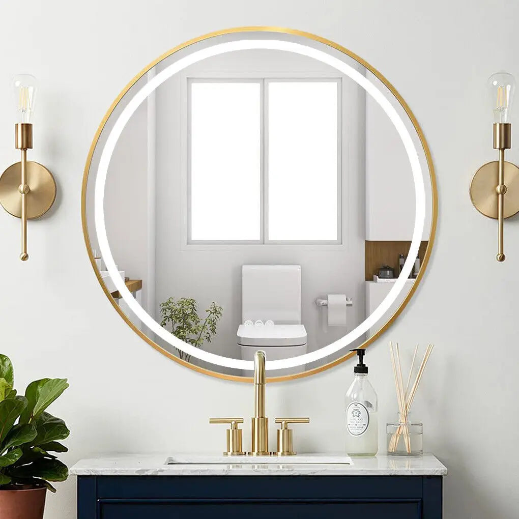 LUVODI Bathroom Light Mirror Round Black Gold Frame Bathroom Dimmable Fogless Mirror with Detachable Rope